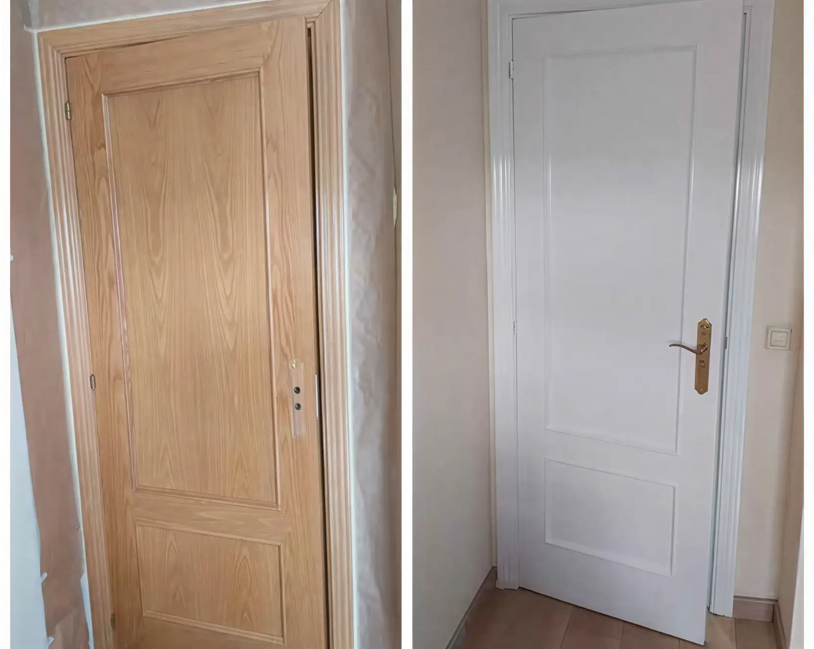 Antes y después de lacar puerta de madera en blanco por Los Pintores Alcala de Henares