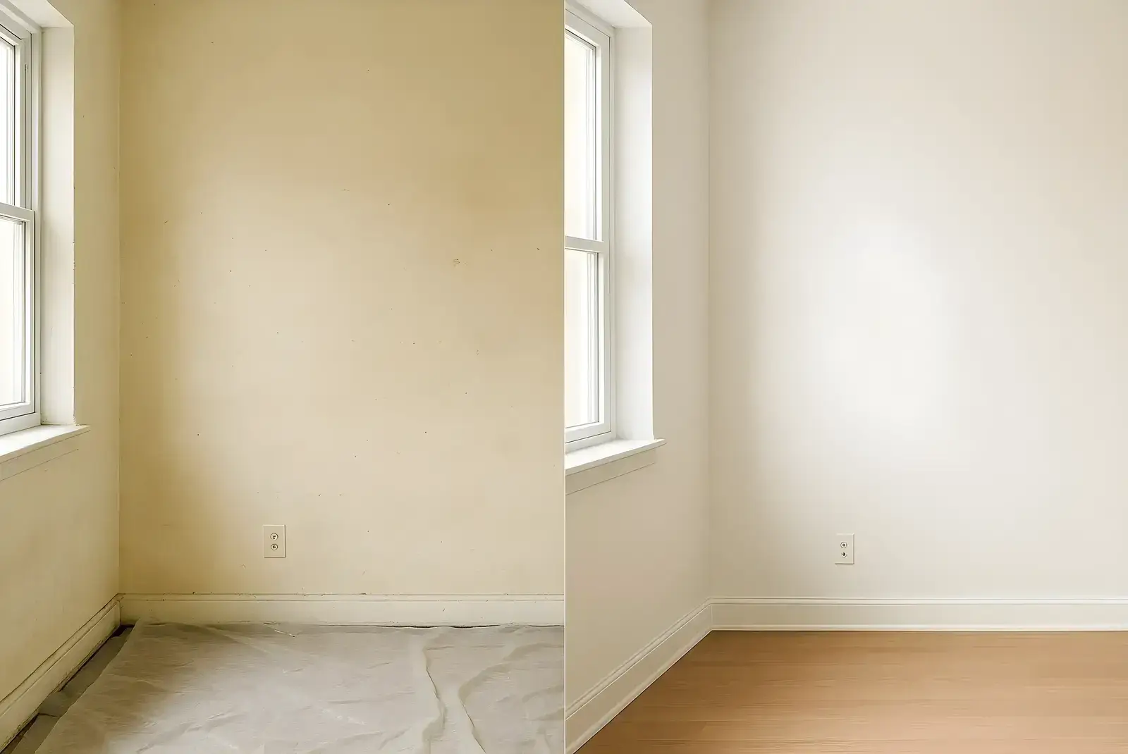 Antes y después de pintura interior en salón, trabajo de Los Pintores Alcala de Henares con paredes renovadas